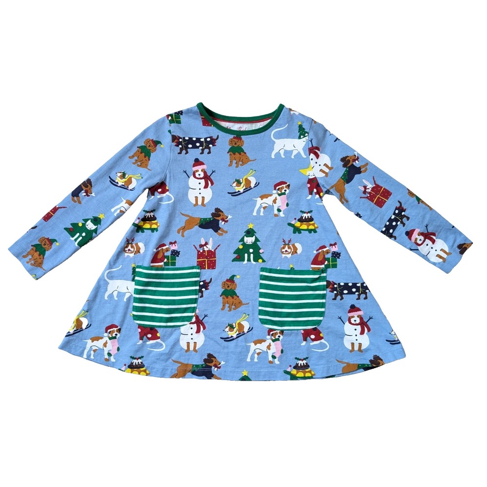 Mini Boden‎ Christmas Animal Dress Girls Size 6-7 Festive Pets Tunic Blue